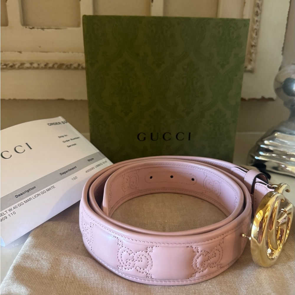 Gucci Light Pink Leather Belt with Gold Double G Buckle 110 - Picture 2 of 5